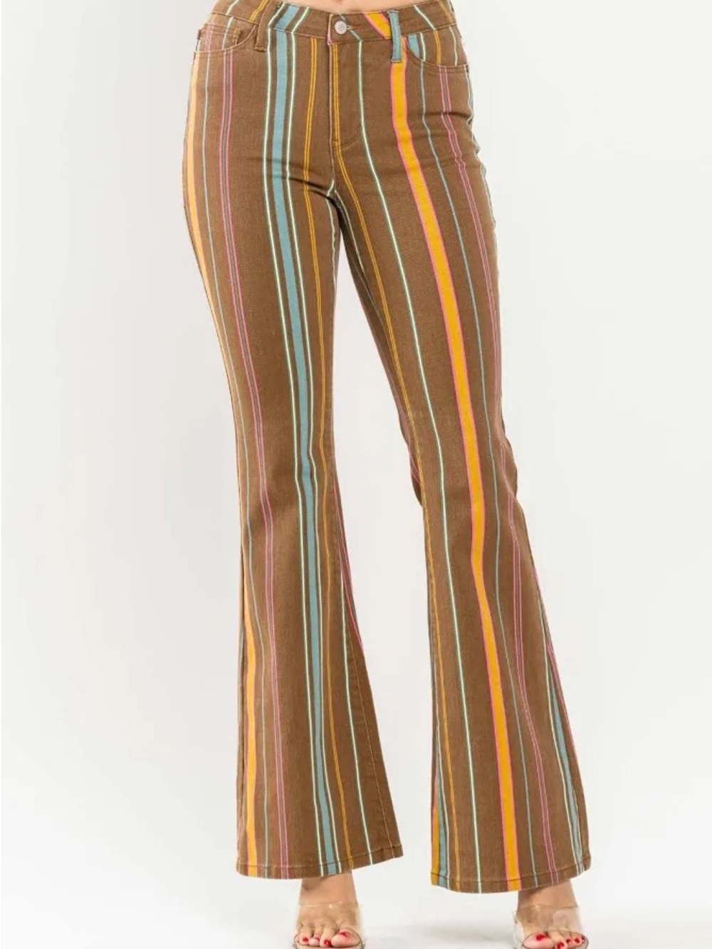 Judy Blue Striped Brown Flare Jeans with Multicolor Vertical Stripes